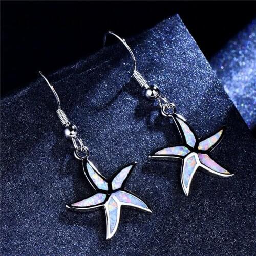 Girls Cute Animal Starfish Drop Earrings For Women White Gold Ocean Blue White Fire Opal Earrings Female Wedding Party Jewelry