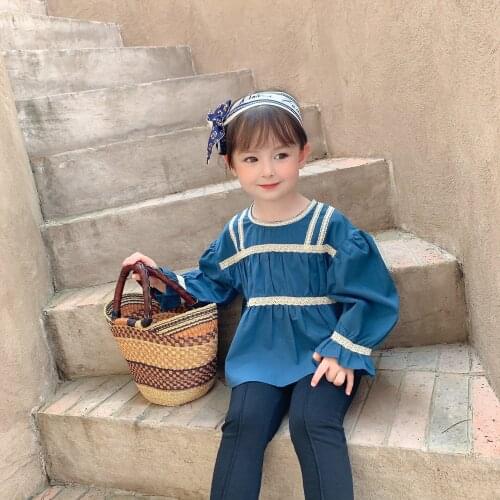 2021 autumn girls loose lace pasted cloth sleeve cotton shirt girl baby Lantern Sleeve doll shirt top children clothes