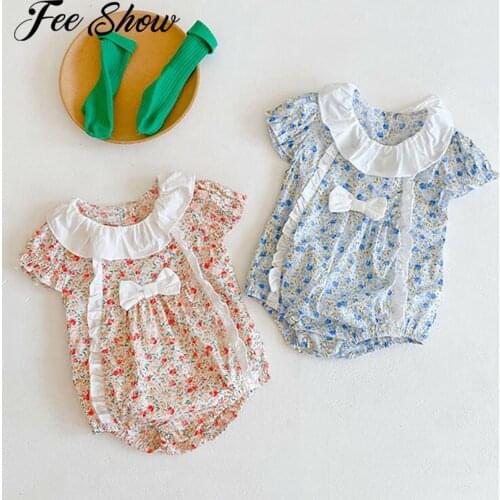 0-3Y Newborn Baby Girls Ruffles Floral Romper Princess Short Sleeve Flower Bowknot Sunsuit Jumpsuits With Headband 2pcs Clothing