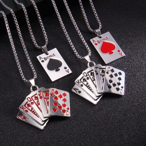 Vintage Playing Card Necklace Spades Straight Flush Playing Cards Men Women Pendant Necklaces Hip Hop Rock Popular Accessories