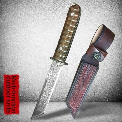 Bone steel red acid wood branch damask steel knife VG10 steel tactical field survival defensive straight blade pattern steel