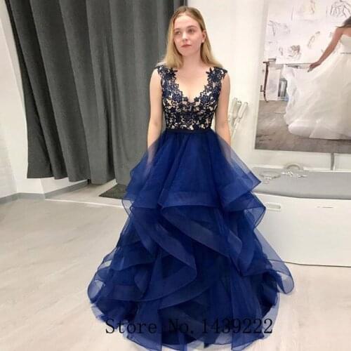Navy Blue Tiered Tulle Aline Evening Gowns Scoop Appliques Backless Formal Celebrity Dresses Robe De Soiree Evening Dress