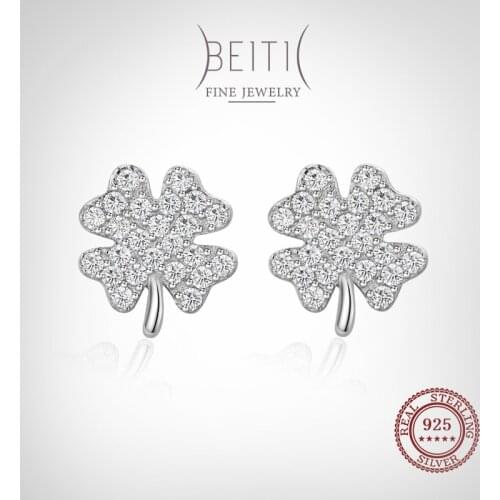 Beitil Elegant Four Leaf Clover Fashion 925 Sterling Silver Stud Earrings Women Dazzling Clear CZ Fine Elegant Wedding Jewelry