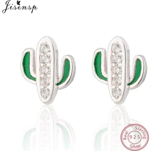 Jisensp 925 Sterling Silver Dazzling Green Cactus Crystal Stud Earrings for Women Authentic Silver Jewelry Plant Earrings Bijoux