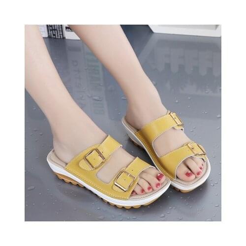 2021 Women Slippers Summer Fashion Pu Solid Buckle Women Flats Shoes Platform Comfortable Outdoor Beach Ladies Plus Size Slipper