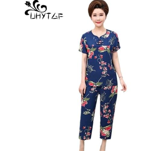UHYTGF ladies pajamas Set soft Cotton silk Print summer pyjamas womens Short sleeve Sleepwear Casual Homewear Female Pyjamas 120