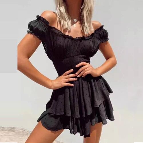 TEELYNN Off Shoulder Sexy Mini Dress For Women Vintage Black Cotton Cascading ruffles 2021 Summer Dresses Boho Beach Vestidos