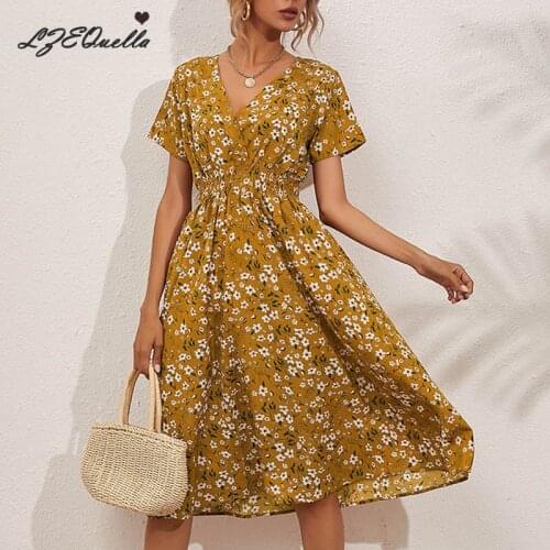 LZEQuella flower Print Boho Dress Women Summer short Sleeve Long Dresses sexy v neck High Waist Vestidos For Women NZ3710