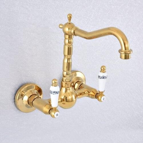 Gold Color Brass Dual Handles Bathroom Kitchen Sink Faucets Wall Mounted Swivel Spout Two Holes Kitchen Mixer Taps zsf614