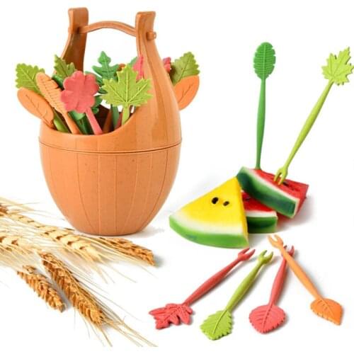 16pcs Green Biodegradable Natural Wheat Straw Leaves Fruit Fork Set Party Cake Salad Vegetable Forks Picks Table Decor Tools