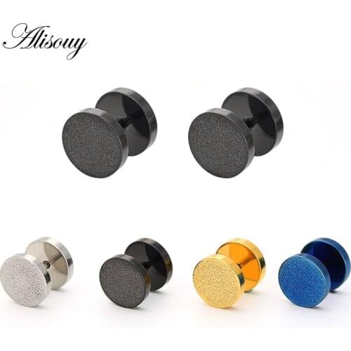 Alisouy 1 pair Gothic Barbell Earring Hiphop Stainless Steel Round Plain scrub frosted Men Women Stud Earring Piercing Jewelry