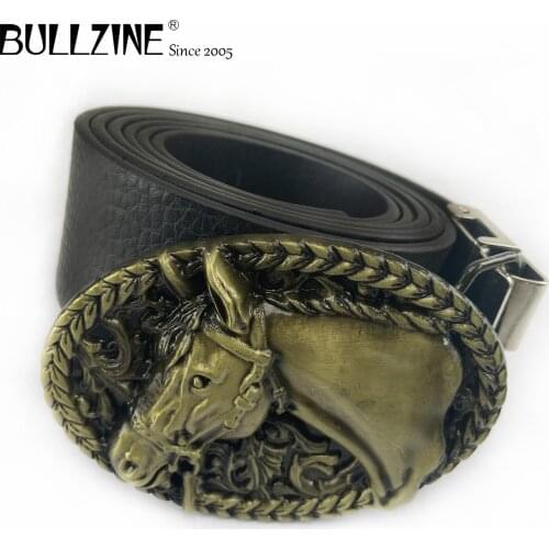 Bullzine zinc alloy retro western horse head Belt buckle cowboy jeans belt buckle free PU belt FP-03190- drop shipping