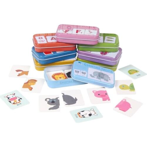 Baby Kids Cognition Puzzles Toys Toddler Iron Box Cards Matching Game Cognitive Cards Vehicl Fruit Animal Life Sets Pair Puzzles