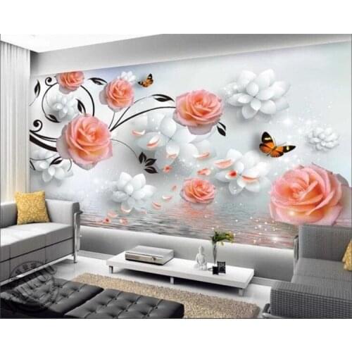 Custom wallpaper mural pink rose three-dimensional flower reflection fresh 3D backdrop wall