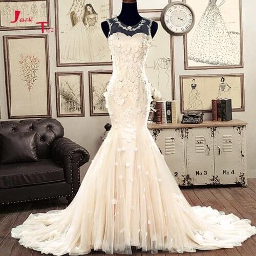 Jark Tozr New Arrive Tank Shoulder Illusion Back Slim Appliques Flowers Mermaid Wedding Dress Vestido De Noiva Sereia