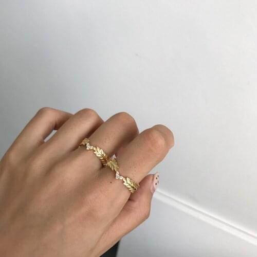 1pc Authentic S925 Sterling Silver FINE Jewelry Golden Fern plant /pteridophyte prong zircon cz adjust ring TLJ1016