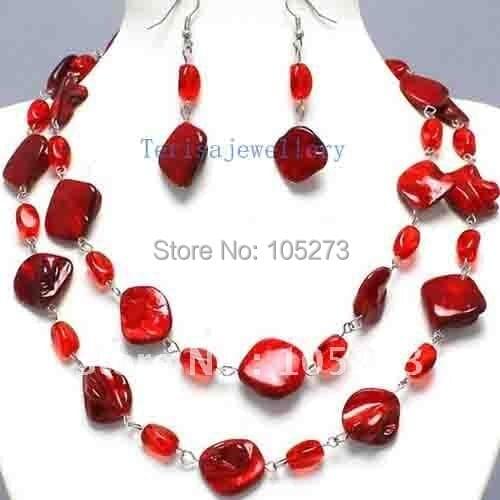 Mix & Match 35''-39'' Long 2 Way Luck Red Shell Chunky Necklace & Earring Set Fashion womans Jewellery Free Shipping FN741