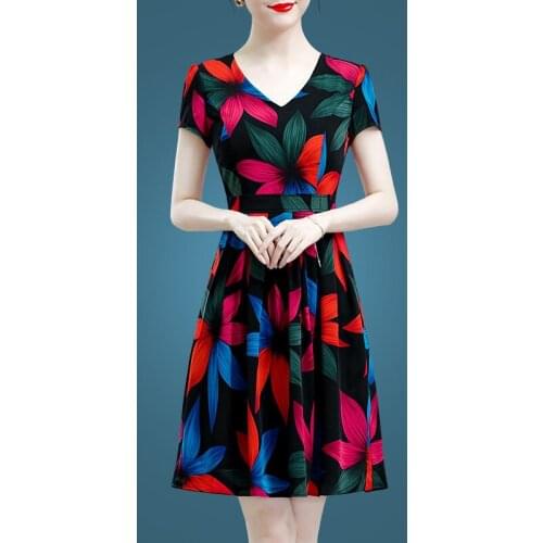 M-3xl Summer Women New Vintage Chiffon Printed With Belt Mesh Short Sleeve V-neck Floral Plus Size A-line Cocktail Dresses 7055