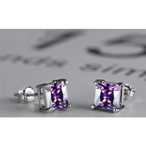 Multicolor Crystal Square Stone Screw Back Earrings Mystic Rainbow Zircon Stud Earrings Fashion Silver Color Earrings For Women