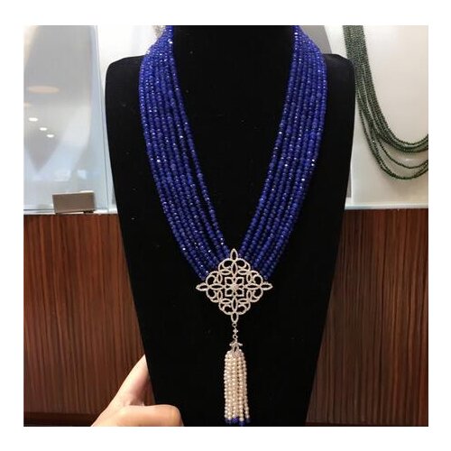 Hand knotted natural 2x4mm blue jade multilayer white freshwater pearl zircon micro inlay accessories tassel necklace