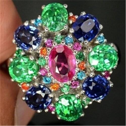 Fashion Silver Color Flower Cluster Clear Colorful Crystal Zirconia Rings For Women Bridal Wedding Party Jewelry Gift Brincos