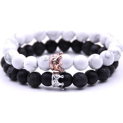 Fashion Couple Charm Bracelet Men Jewelry Micro-inlaid Zircon Crown Black White Beads Healing Elastic Bracelets For Women Gifts