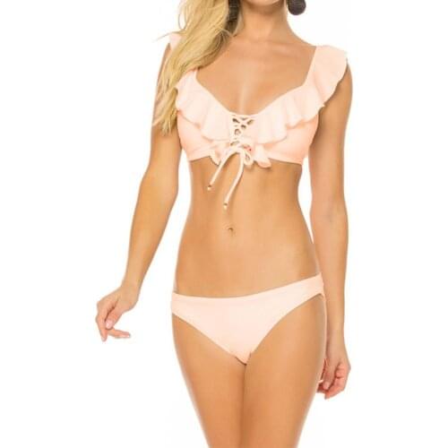 Mounchain 2pcs/set Women Pure Color Flounces Fashion Split Lacing Bikini Suit