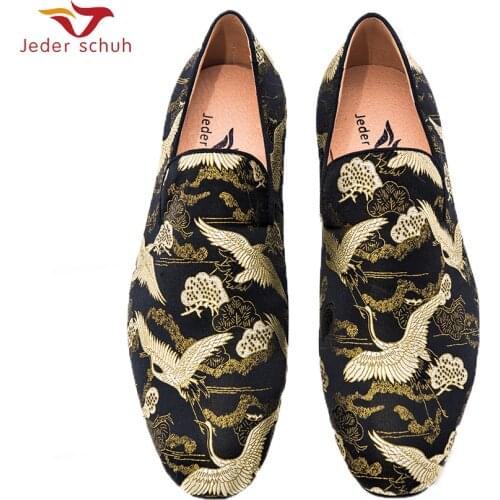 Jeder Schuh Men Shoes Black Gold Chinese Style Jacquard Weave Design Handmade Loafers Casual Shoes Smoking Slippers