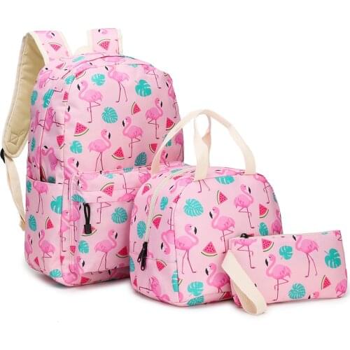 2020 new 3pcs pink flamingo set of primary and secondary school schoolbags children meal bags pencil bags ladies backpack purse