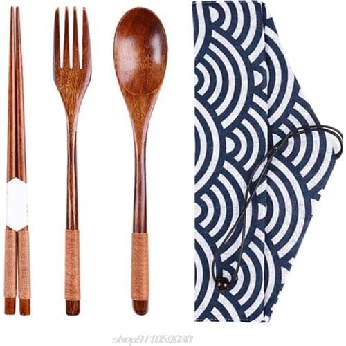 Wooden Tablewares 3 Pieces Japanese Style Wooden Cutlery Set in an Oriental Style Pouch with Pouch Dinnerware J30 21 Dropship