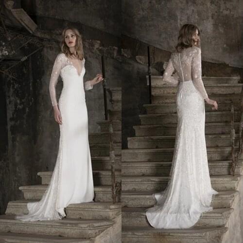 Luxury Wedding Dresses V Neck Long Sleeve Lace Applique A Line Bridal Gowns Custom Made Sweep Train Wedding Dress robe de mariée