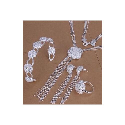 S273 Wholesale,silver color jewelry set, fashion jewelry set Rose Ring Drop Earrings Bangle Necklace Jewelry Set