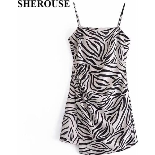 SHEROUSE 2021 Women Fashion Zebar Striped Side Slit Mini Dress Back Zipper Thin Straps Vintage Female Dresses Woman robe femme