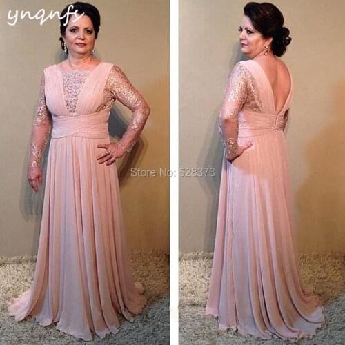 YNQNFS M157 Boat Neck Backless Lace Long Sleeve Chiffon Pink Party Vestido de Festa Mother of the Bride Dresses 2019