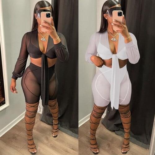 Sexy Solid Mesh Patchwork 4pcs Shorts Set Women Long Sleeve Bandage Top And Shorts Bikini Bra Underwear See Through Outfits