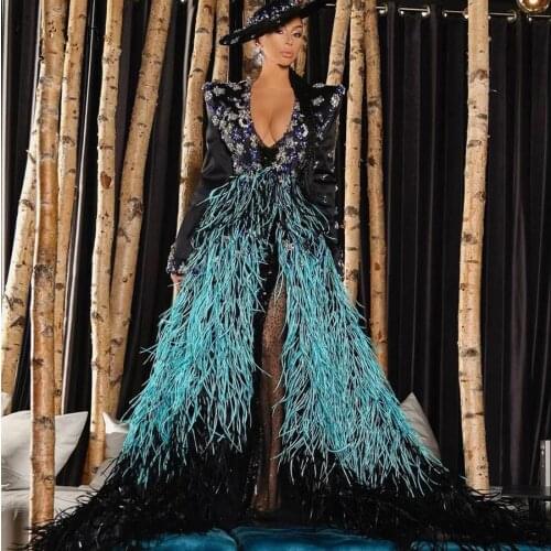 Unique Mix Color Feather A-line Evening Dresses 2021 Saudi Arabic High Side Split Crystal Evening Gowns Full Sleeves Party Dress