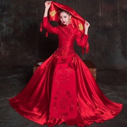 Orientale Femme New Embroidery Cheongsam Red Chinese Wedding Dress Qipao Promotion Long Dresses Bride Marry Vintage Gown Robe