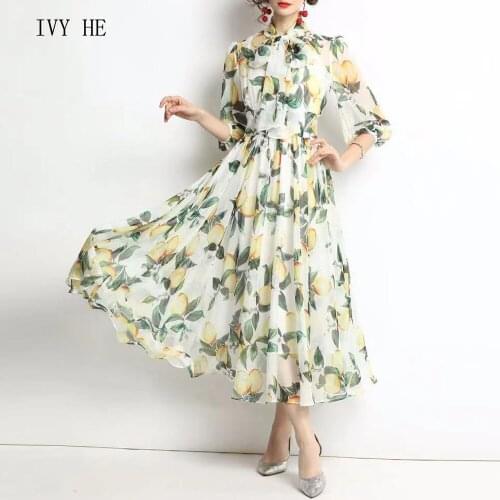 IVY HE High Quality Early Autumn Dress Woman Clothing Fashion Chiffon Printing Midi Long Dress ZAfu Traf Party Vintage Dresses