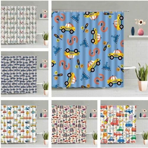 Cartoon Sport Car Shower Curtain Bicycle Rocket Train Hot Air Balloon Football Child Bathroom Accessories Wall Hanging Set Decor