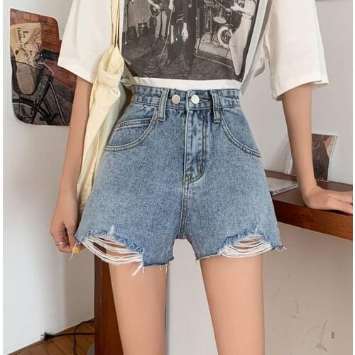 Ailegogo New Summer Women Streetwear Loose Hole Tassel Solid Color Denim Shorts Casual Female Wide Leg High Waist Jeans Shorts