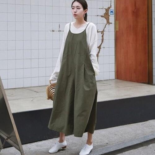 Johnature Casual Plus Size Spaghetti Strap Women Jumpsuits 2021 Autumn New Solid Color Loose Pockets Ankle-length Bodysuits
