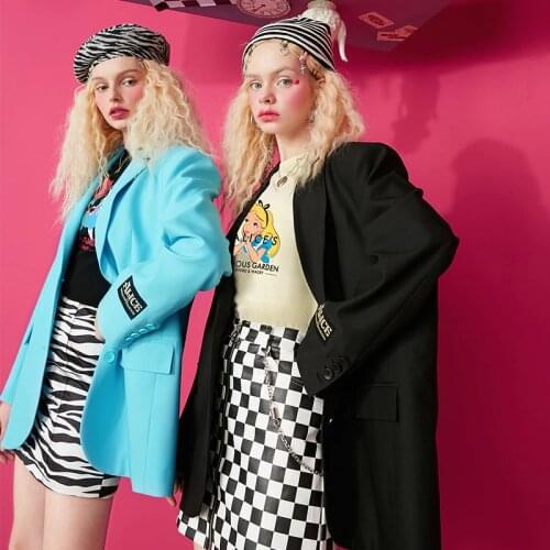 ELFSACK Solid Single Breasted Blazer Women Jacket,2021 Spring Vintage Cartoon Embroidery Feminism Ladies Oversize Daily Outwears