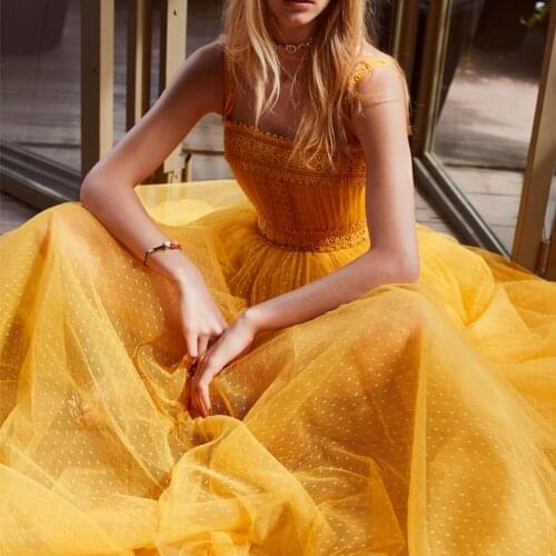 French super fairy yellow summer sling dress high quality temperament lace stitching mesh polka dot temperament long dress woman