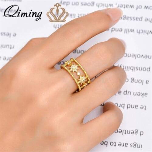 Gold Cubic Zirconia Hexagram Women Rings Trendy Fashion Jewelry Double Line Wide Bohemia Adjustable Korean Ring