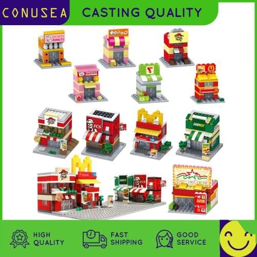 4Pcs/Set Architecture Modular Residential House Food street 3D Model Miniature Landscape Particle Building Bricks Toys for Boys