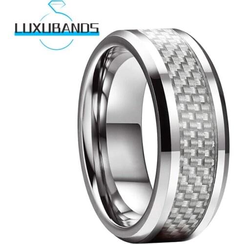 8MM Tungsten Wedding Rings For Women Men Beveled Edges Grey Carbon-Fiber Inlay Polished Finished Comfort Fit