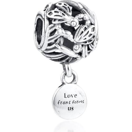 Openwork Dragonfly Love Charm Original 925 Silver Jewelry Fits Snake Chian Bracelets For Woman DIY Beads For Jewelry Making