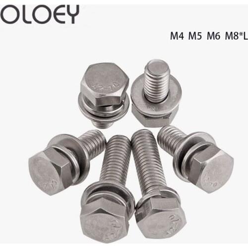Free Shipping M4 M5 M6 M8 External Hex Trimming Three Combination Screws 304 Stainless Steel Outer Hexagon With Washer Bolts Kit