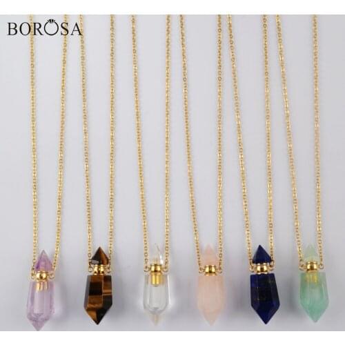 BOROSA 26inch Perfume Bottle Stainless Steel Necklace Natural Stone Essential Oil Perfume Diffuser Gold Necklace Jewelry G1942-N