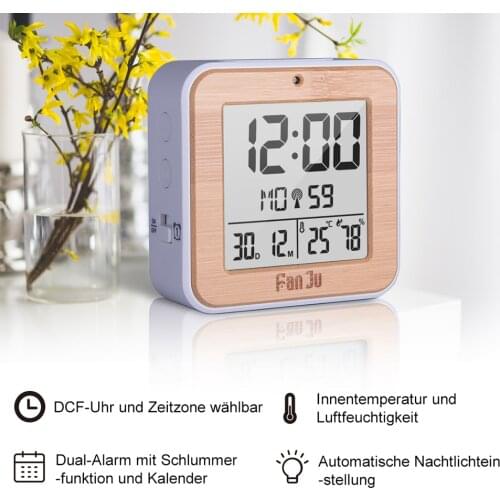 Digital Alarm Clock LED DCF Radio Dual Alarm Automatic Backlight Electronic Temperature Humidity Table Time Office Gift